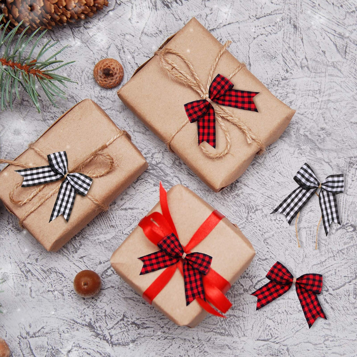 WILLBOND 36 Pieces Christmas Buffalo Plaid Bows Small Bows Christmas Tree Ornaments Checkered for Wreaths Decoration(Red and Black)