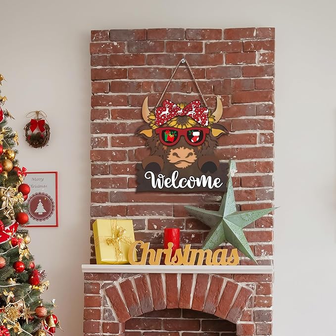 Highland Cow Front Door Decorations - Interchangeable Welcome Sign for Front Door with 16 Set Changeable Icons for Seasons Holiday Thanksgiving Christmas Door Decor