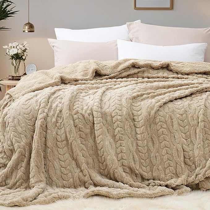 PHF Fluffy Sherpa Blanket Twin Size for Winter, Warm and Soft, 510GSM 3D Jacquard Thick Shaggy Fleece Plush Blanket for Sofa Bed, Khaki, 60"x80"