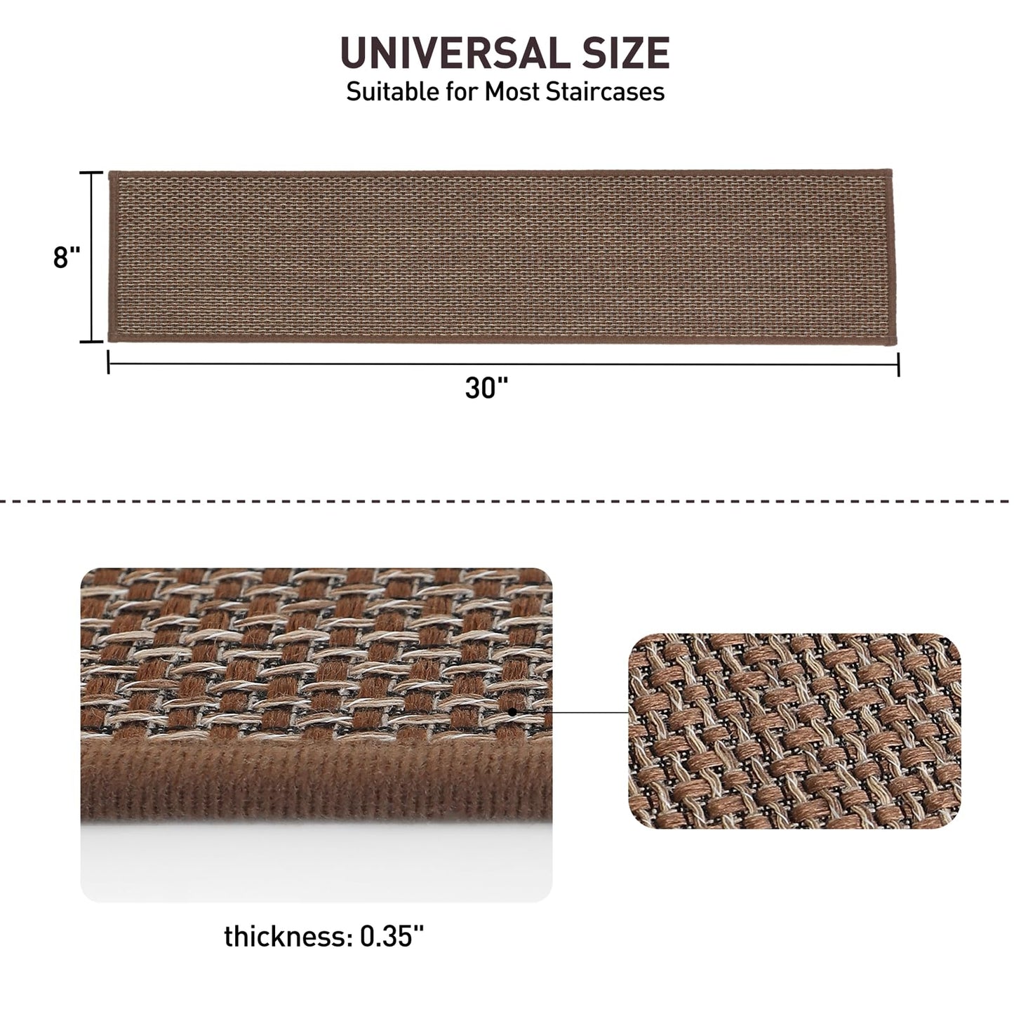 ZOMONETI 15pcs 8" x 30" Linen Non Slip Stair Carpet Treads for Wooden Steps, Machine Washable Stair Runners for Kids, Elders and Pets, Brown