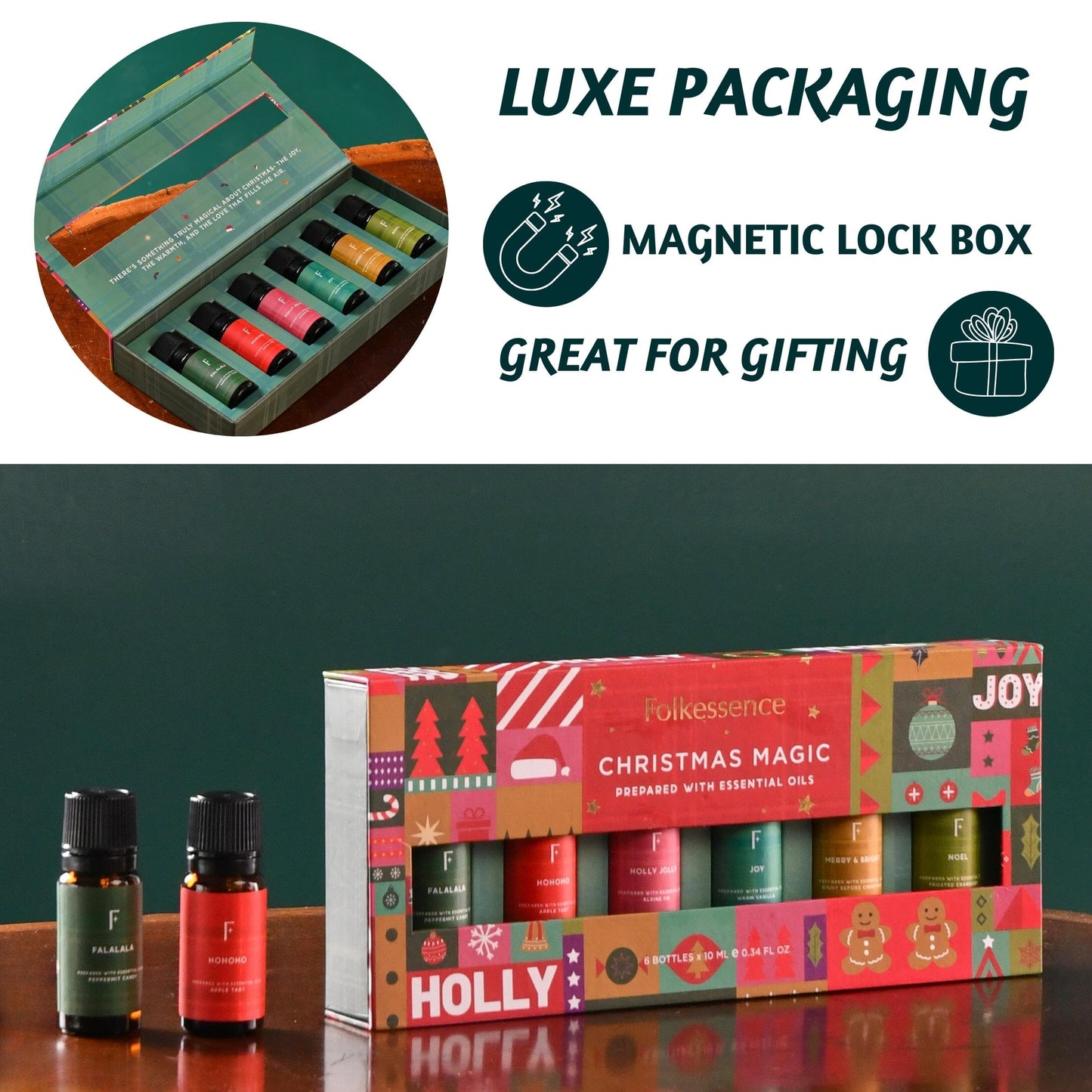 Folkulture Christmas Essential Oils for Diffuser | Set of 6 Essential Oils Set for Home | Peppermint, Candy, Apple Tart, Cranberry, Vanilla (Christmas Magic) | Aromatherapy Xmas Gift