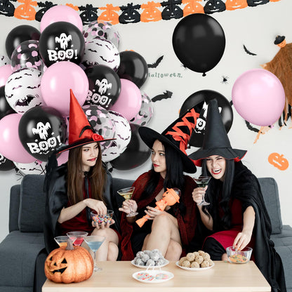 FunHot Halloween Party Balloons, 60Pcs Pink Black Halloween Balloon, 12 Inch Black Pink Confetti Balloons Bat Ghost BOO Printed Pattern Balloon with Ribbons for Kids Birthday Halloweens Decoration