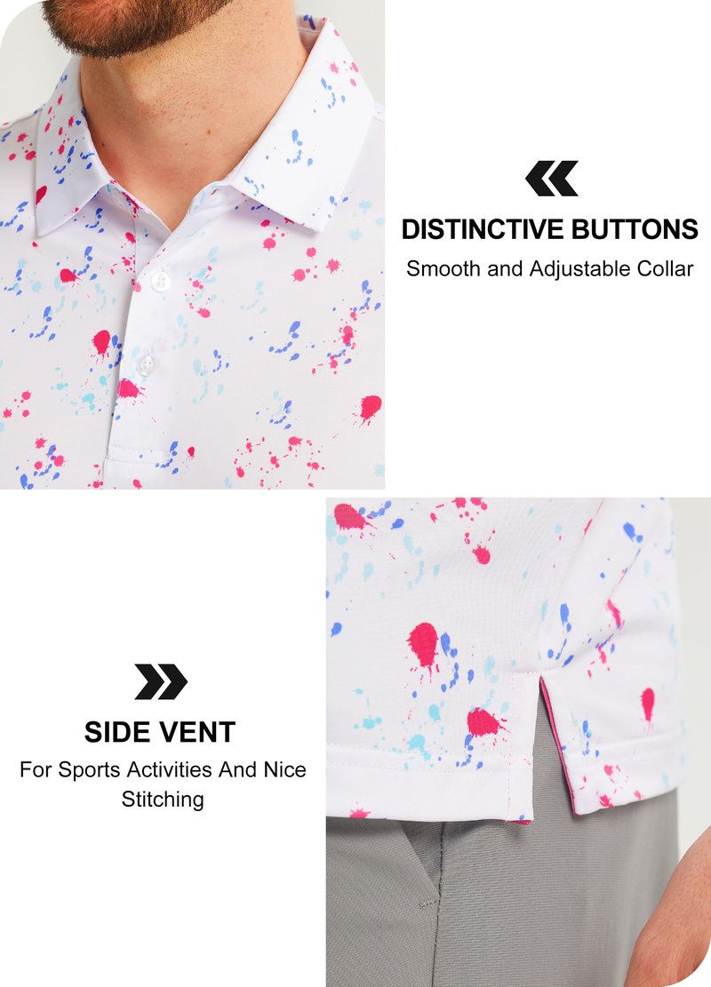 Libin Golf Shirts for Men Short Sleeve Quick Dry Performance Moisture Wicking Print Collared Polo Shirts Casual Business, White Colorful Dots, Large