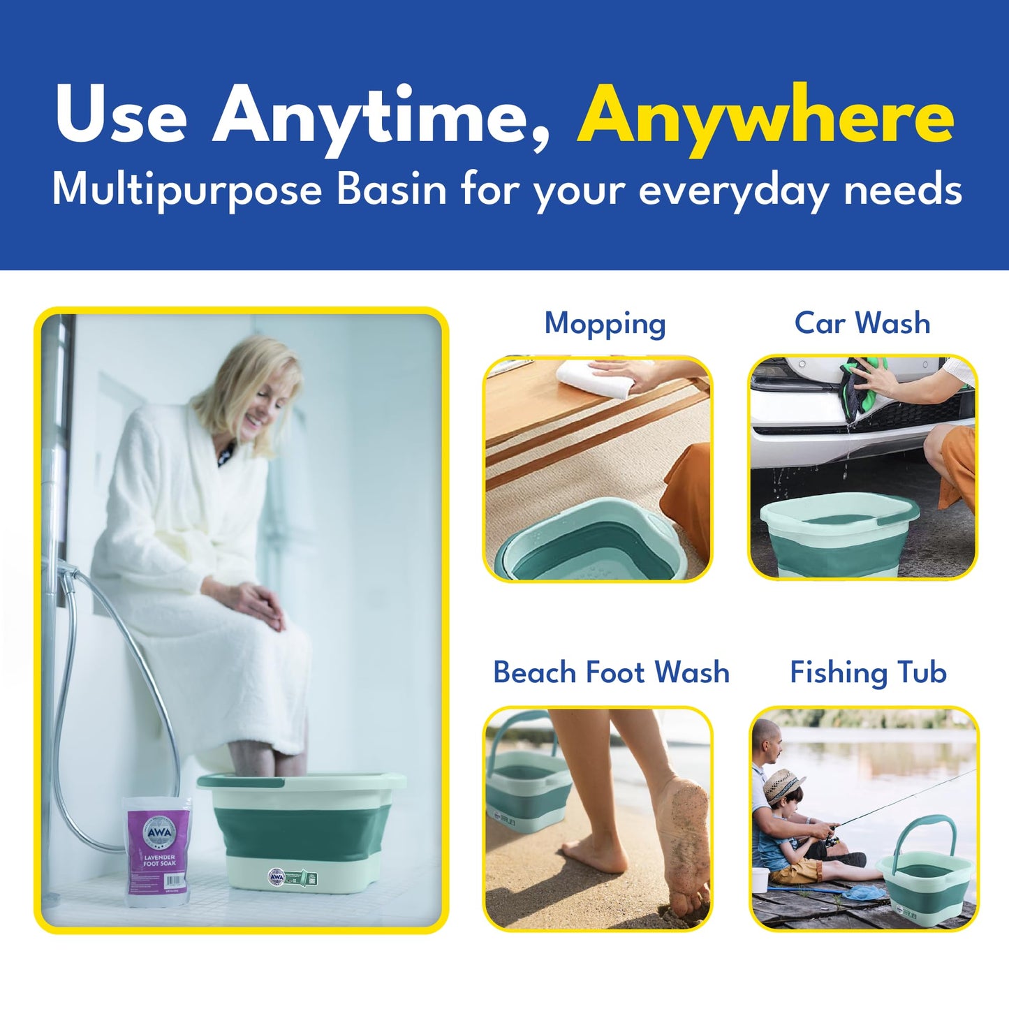 American Wellness Authority AWA Extra Large foot bath basin - Sturdy plastic soak tub For Soaking feet and Pedicure At Home Spa Kit Women Men (Grey Basin), 1.0 Count