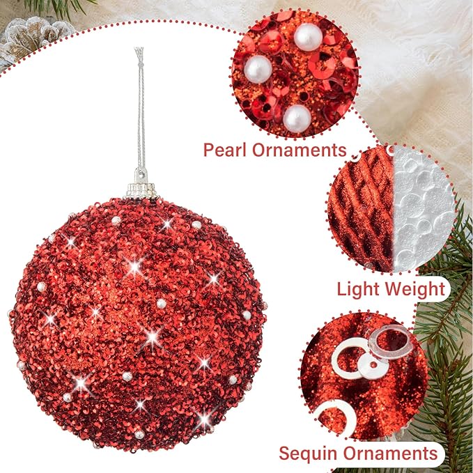 3.15" Christmas Ball Ornaments Glitter Shatterproof Christmas Tree Ornaments Sequin Xmas Hanging Balls Decorations for Wedding Party Holiday(Red, 12pc-8cm)
