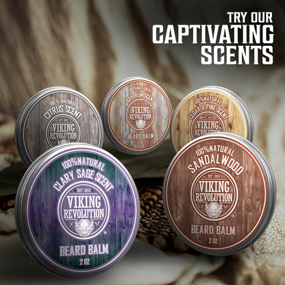 Viking Revolution Sandalwood Beard Balm for Men (2oz) and Sandalwood Beard Oil (1 fl oz) Bundle - With Argan and Jojoba Oils - Soften and Moisturize - Stocking Stuffers for Men