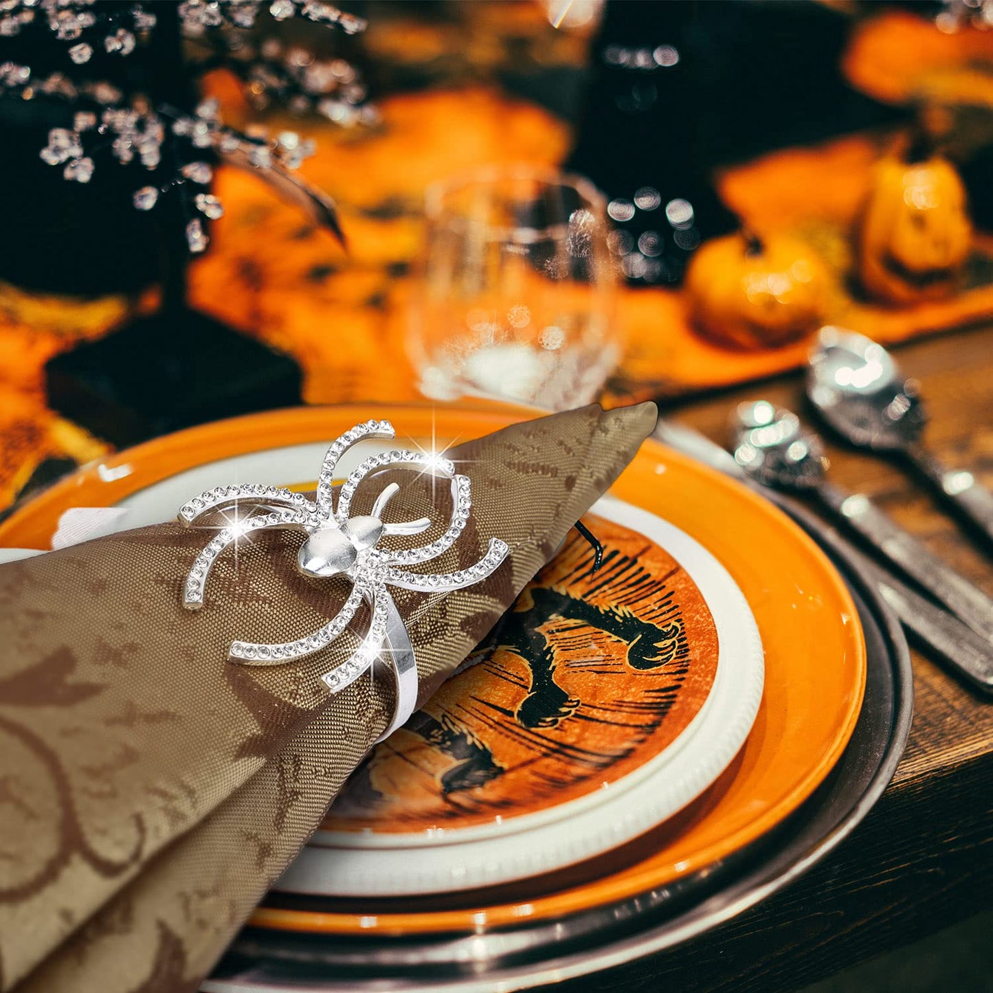12 Pieces Spider Napkin Rings Halloween Napkin Ring Spider Web Napkins Rings Set Metal Spooky Napkins Holder Serviette Buckle Party Supplies for Halloween Dinning Costume(Silver,with Rhinestone)