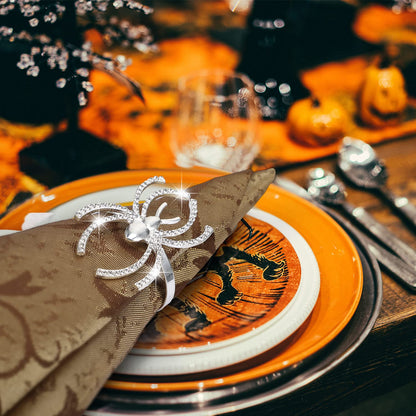 12 Pieces Spider Napkin Rings Halloween Napkin Ring Spider Web Napkins Rings Set Metal Spooky Napkins Holder Serviette Buckle Party Supplies for Halloween Dinning Costume(Silver,with Rhinestone)