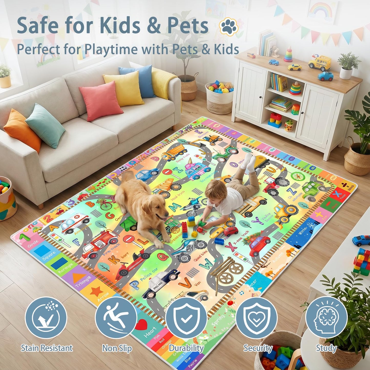 5'x7' ABC Rug for Kids Playroom, Classroom, Nursery, Daycare, Car Rug Play Mat for Children Toddler Girls Boys Bedroom, Educational Kids Carpet for Learning Alphabet, Numbers, Colors, Shapes