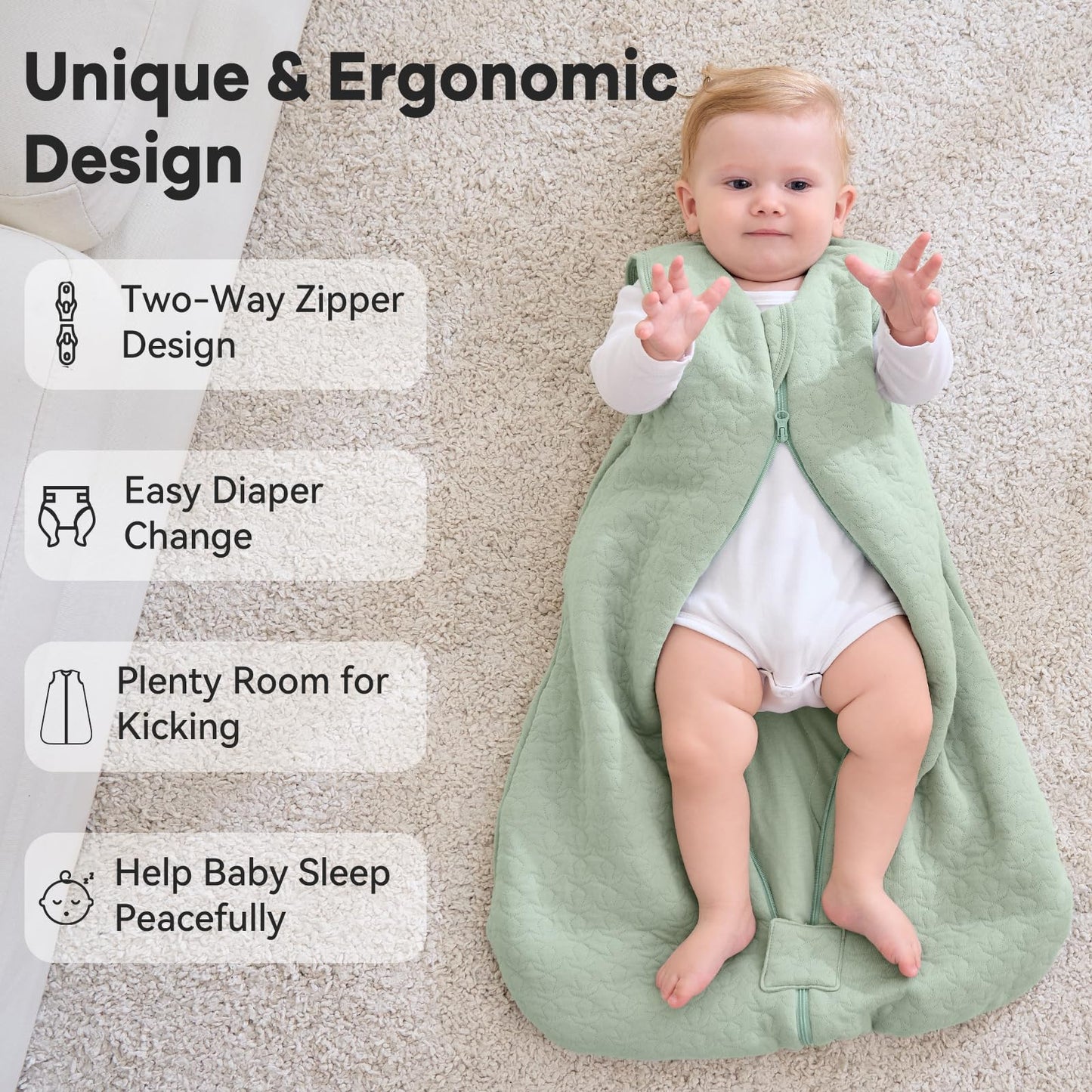 Unnivoll Baby Sleeping Bag 2.5 Tog 12-18 Months 100% Cotton Winter Sleeping Bag Baby 2-Way Zipper Quilted Sleep Sack for Newbron Infant Warm Soft Green