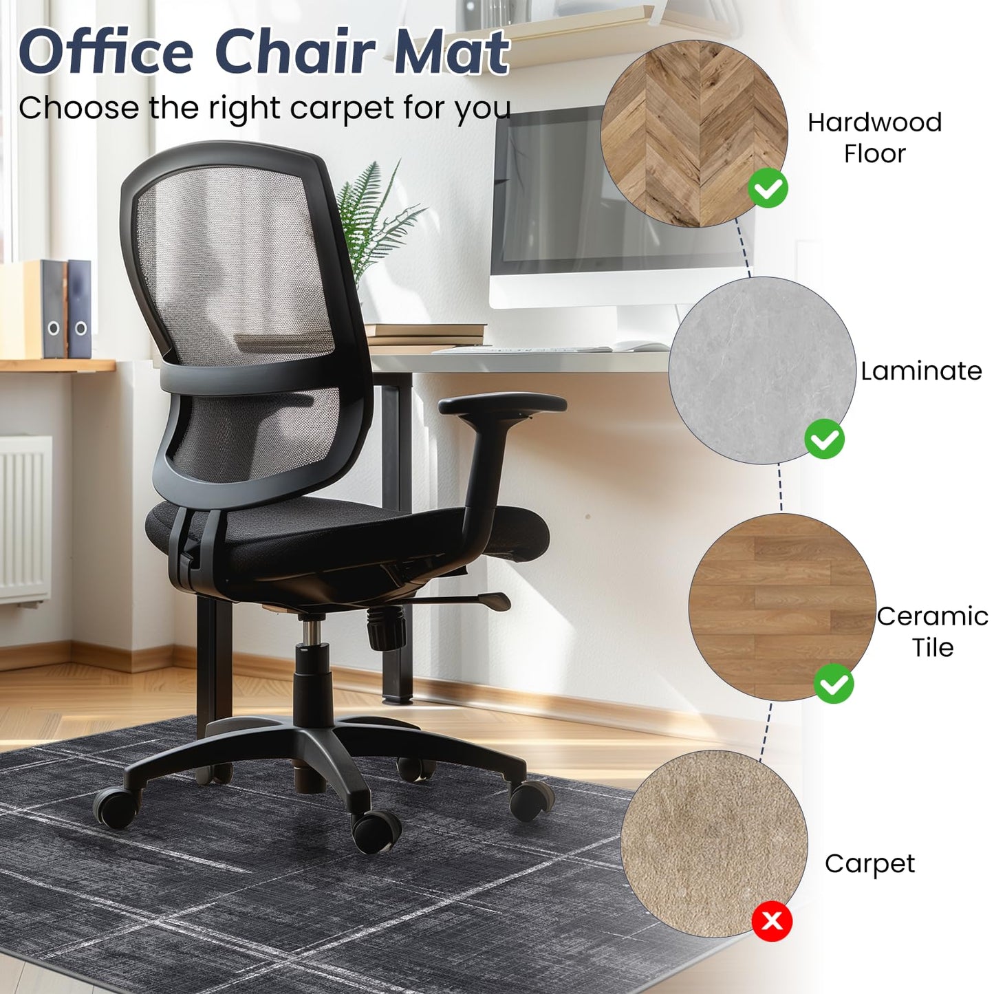 Office Chair Mat for Hardwood Floor&Tile Floor,36"X 48" Heavy Duty Desk Chair Mat for Hard Floors,Under Desk Rug for Rolling Computer Chair,Anti Slip,Low Pile Carpet Floor