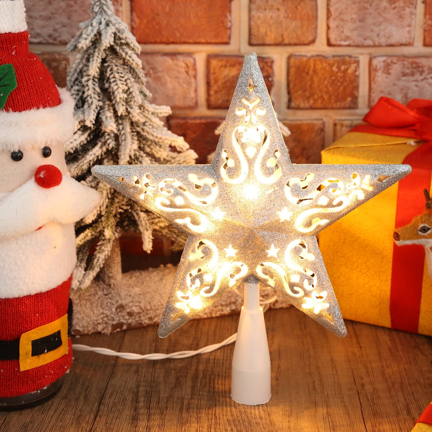 Brizled Star Christmas Tree Topper, 8" Glittered Hollow-out Tree top Star, Double-Sided 3D Tree Topper with 10 Lights, UL Certified Lighted Xmas Tree Topper for Holiday Christmas Tree Decor, Silver