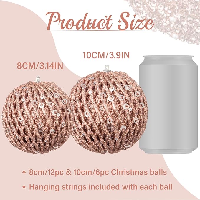 6pcs 3.94" Christmas Ball Ornaments Glitter Shatterproof Christmas Tree Ornaments Sequin Xmas Hanging Balls Decorations for Wedding Party Holiday(Rose Gold, 6pc-10cm)