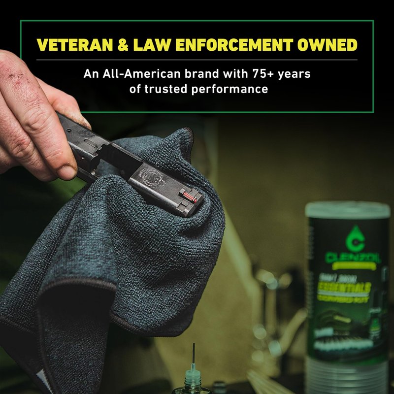CLENZOIL Field & Range Pistol & Rifle Essentials Gun Cleaning Kit | CLP Spray & Oiler with Bores Cleaner | Clean, Lubricate & Protect | Nylon Brush, Bore Swabs & Microfiber (9mm | 38 Caliber)