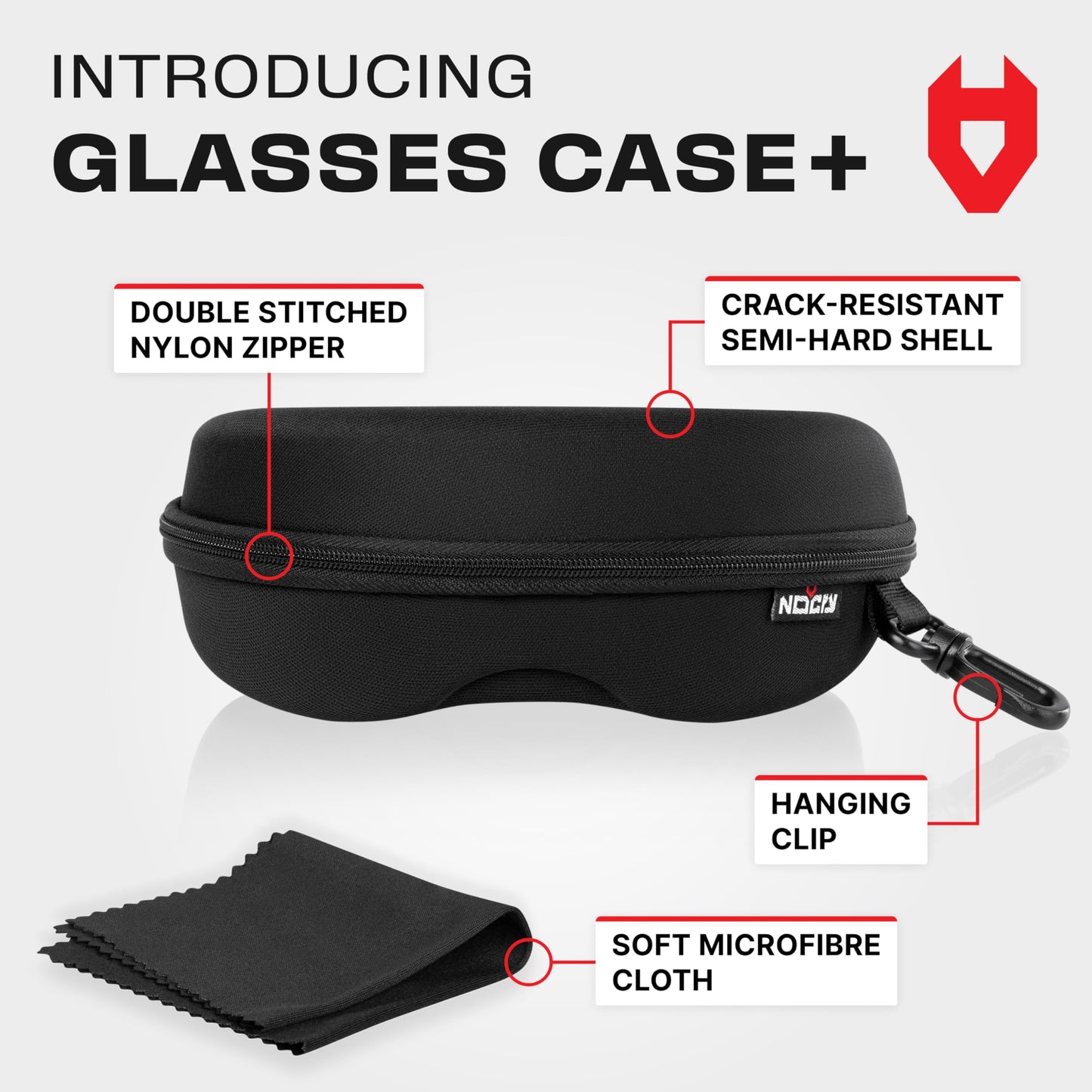 NoCry Storage Safety Glasses Case Black with Velvet Lining, Reinforced Zipper and Handy Belt Clip - Hard Sunglasses Case for Men and Women - Large Glasses Case Hard Shell - Hard Work Glasses Case