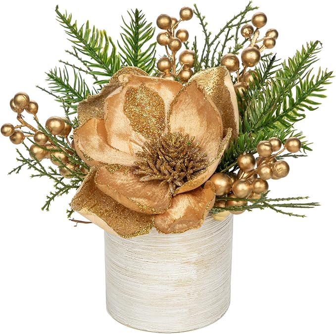DILATATA 10 inch Gold Christmas Table Centerpiece with 5" Glitter Magnolia Flower Berries Fir Greenery Artificial Floral Centerpiece in Silver Ceramic Pot for Christmas Tabletop Arrangement