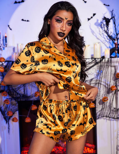 HOTOUCH Womens Halloween Pajamas Soft Silk Pajamas Stain Button Down Set Ruffle Loungewear