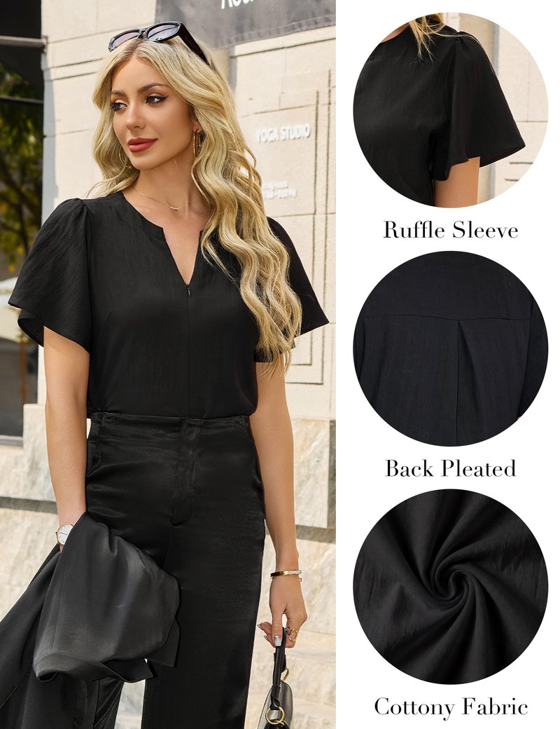 Blooming Jelly Womens Dressy Casual Blouses Business Work Summer Tops Zip Ruffle Short Sleeve Cotton Shirts Trendy Spring Outfits (Black,Medium)