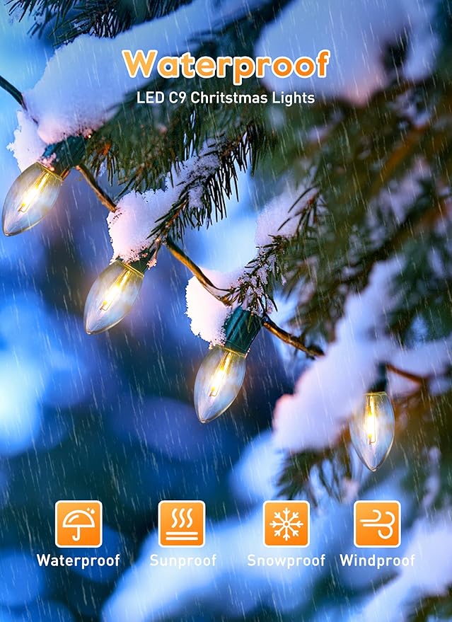 Vintage C9 LED Christmas Lights Outdoor, 200 Feet C9 String Lights with 100 Shatterproof C9 Bulbs, Waterproof Connectable Christmas Tree Lights for Outside Roofline Patio Xmas Decorations, Warm White