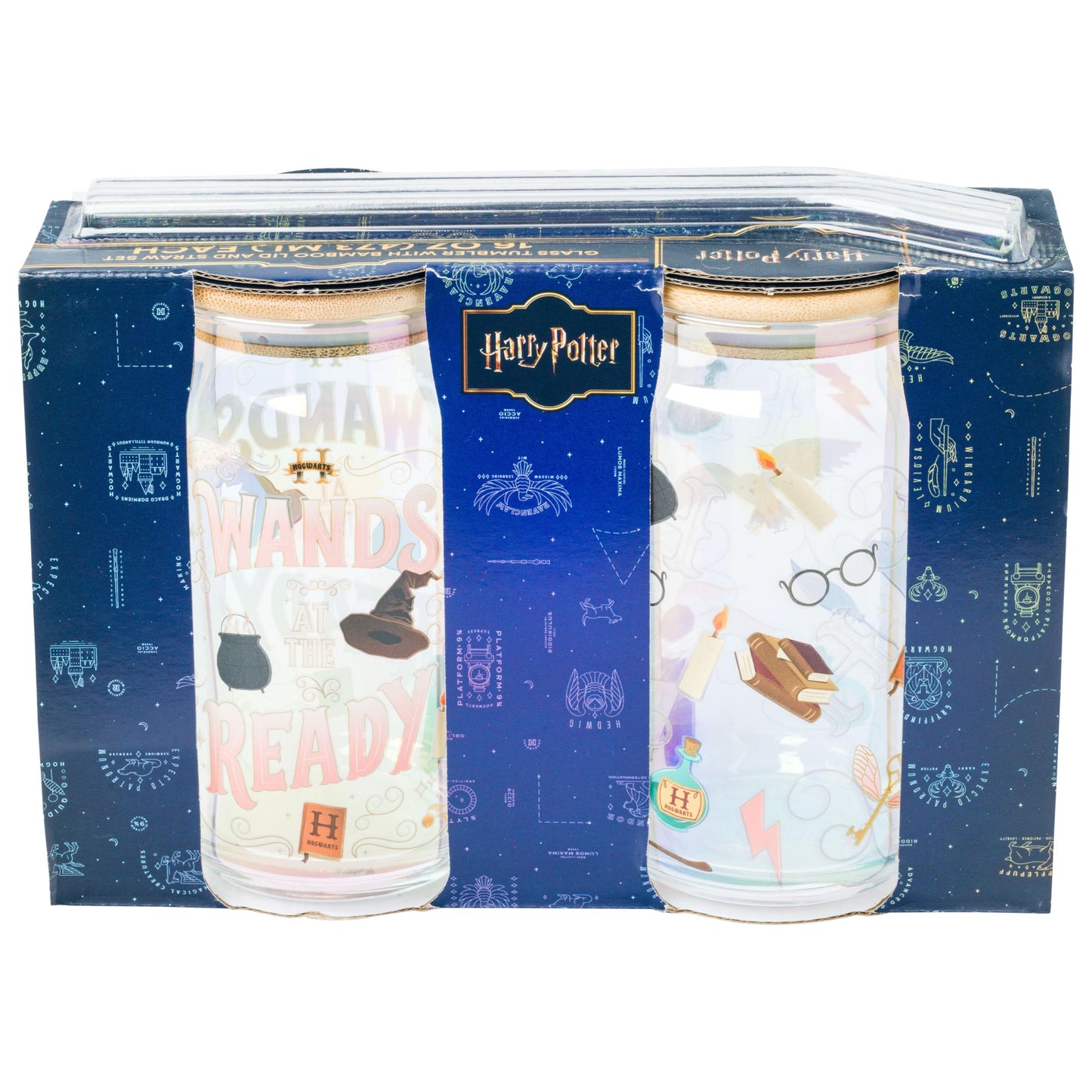 Silver Buffalo Harry Potter Iconic Icons Pattern Wands at the Ready 2 Pack Glass Jar Tumbler with Bamboo Lid and Glass Straw, 16 Ounces