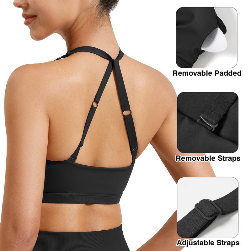 VOYJOY Workout Sports Bras for Women Padded Backless Strappy Fitness Wireless Gym Medium Impact Bra Yoga Crop Top Black L