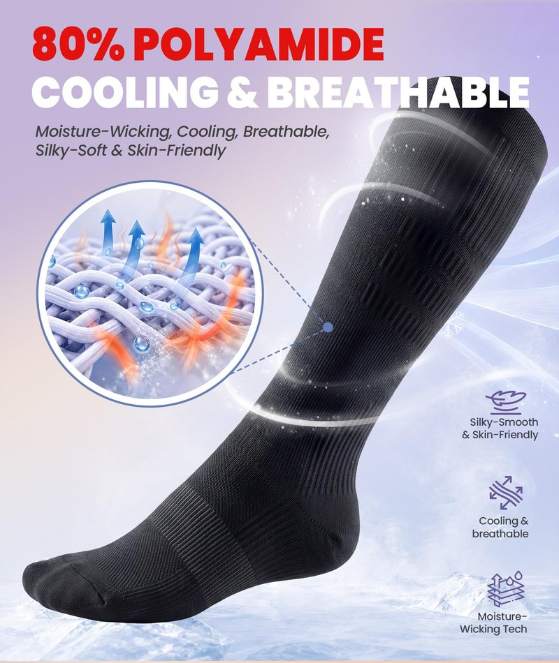 PULIOU Cooling Compression Socks for Women Men, 20-30 mmHg Circulation Knee High for Travel, Flying, Running, 2 Pairs(Black,S-M
