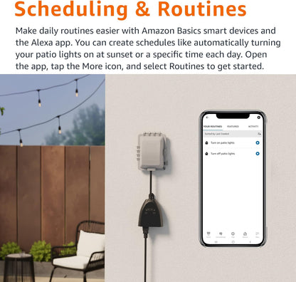 Amazon Basics Outdoor Smart Plug with 2 Individually Controlled Outlets, Works with Alexa Only, 2.4 GHz Wi-Fi, No Hub Required, Black