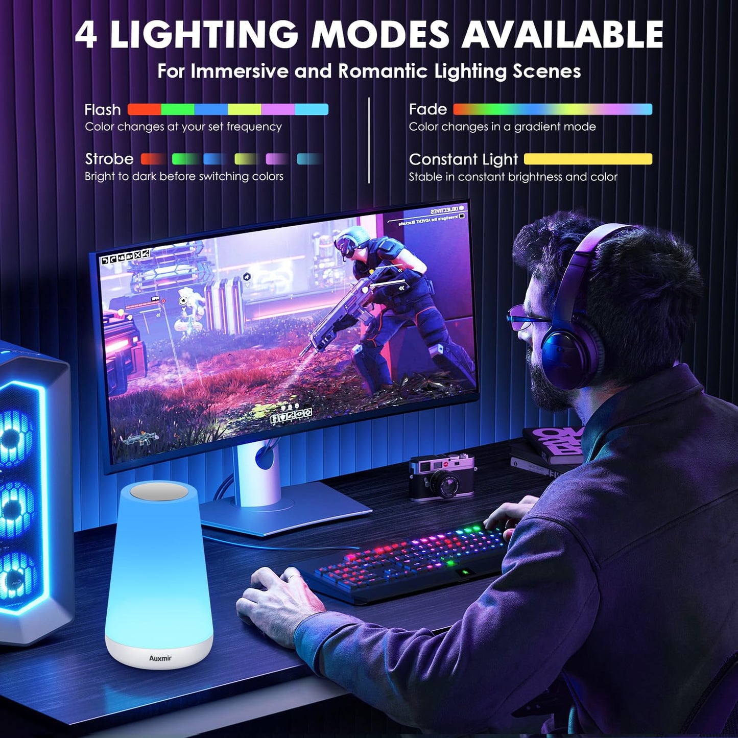 Auxmir LED Night Light Bedside Lamp Touch and Remote Control Dimmable Tabletop 13 RGB Colors Changing 5 Brightness Adjustable Rechargeable Portable Lamp for Baby Kids Nursery Bedroom Bathroom Camping