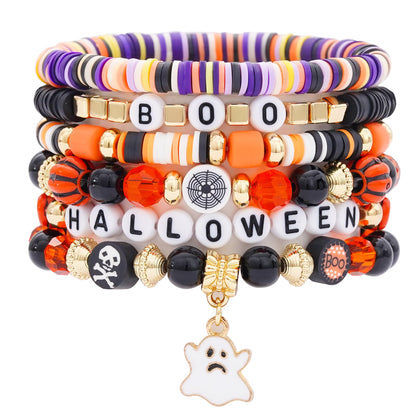 Pychee Summer Surfer Heishi Bracelet Set for Women Stackable Gold Plated Clay Ploymer Bead Stretch Pink Beach Layering Bracelets Jewelry (Style-B-Halloween1)