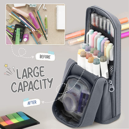 Housolution Standing Pencil Case Large Capacity Pen Bag, Multi-Layer Pen Pouch Pencil Holder Stationery Organizer, Polyester Pencil Bag Storage Box Desk Organizer, Gray
