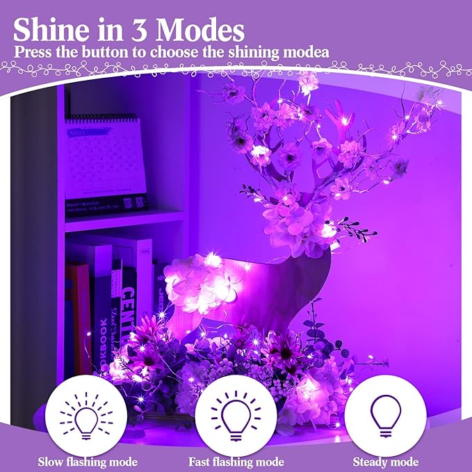 Hortsun 100 Packs Fairy Lights Battery Operated 3 Speed Modes, 7 Ft/ 2 M 20 LED Battery String Mini Waterproof Wire Twinkle Lights Bulk for Wedding Party Birthday Vases (Purple Light)