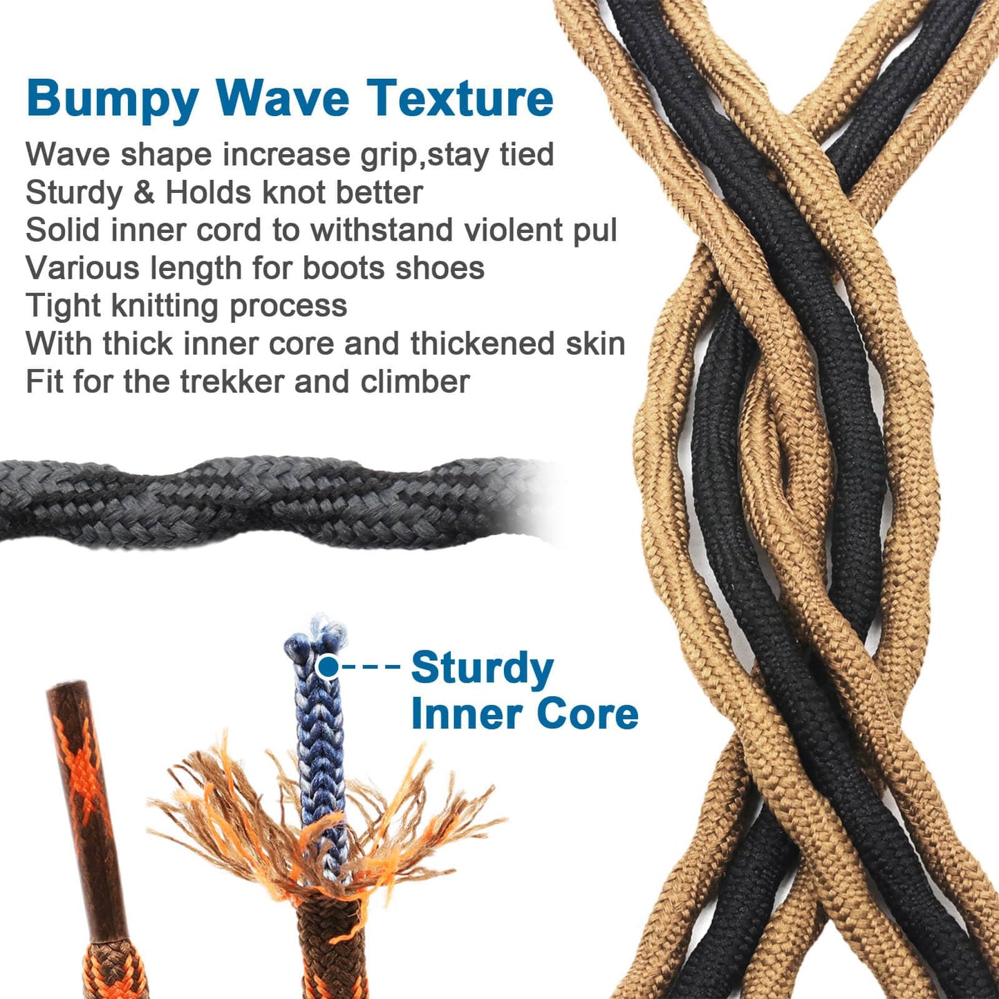 DELELE 2 Pair Round Wave Shape Non Slip Heavy Duty and Durable Outdoor Climbing Shoelaces Black Hiking Shoe Laces Shoestrings-39 inch