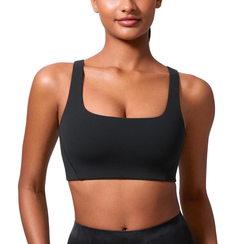 CRZ YOGA Butterlift Double Lined Square Neck Sports Bras for Women - Wireless V-Shaped Racerback Workout Yoga Top Non Padded Black Medium