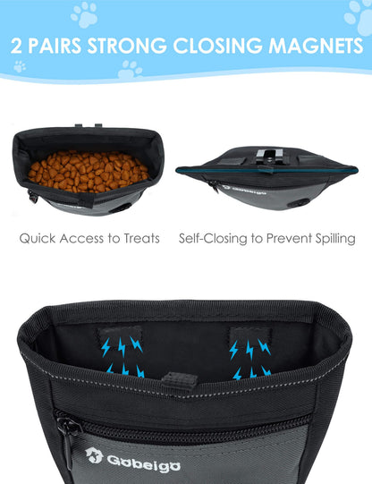 Gobeigo Dog Treat Pouch and Training Clicker, Upgrade Two Magnetic Closure to Prevent Spills, 2 Cup Treat Bag with Poop Bag Dispenser, Metal Clip Waist Belt Fanny Pack for Pet Walking (Black/Gray)