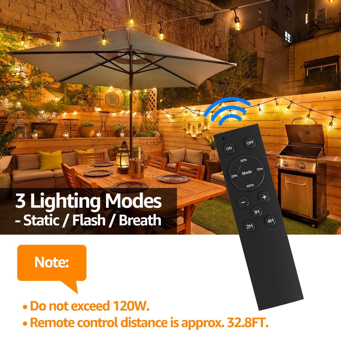 Larkvue 120W Outdoor Dimmer for String Lights with Remote, 4 Brightness, 3 Modes, Timer & Memory Function, Waterproof Plug Switch for S14/ST38/G40