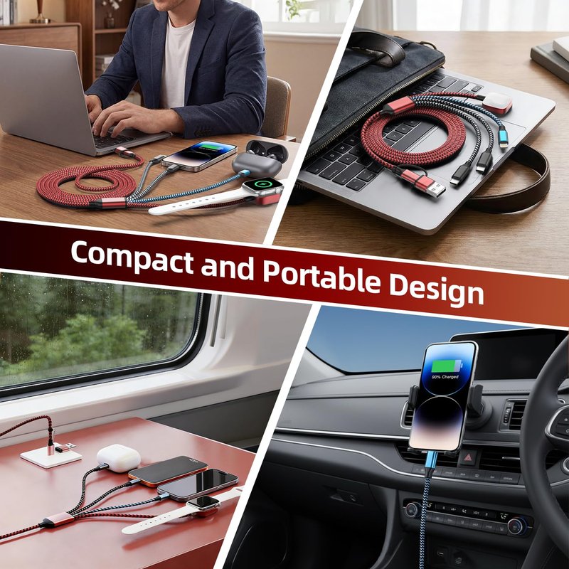 Cruise Essentials 2026, Travel Essentials Dual Type-C 4 in 2 Multi Charging Cable for iPhone Watch Charger/iPhone 17/IP, iWatch Charger, Compatible with iWatch 11-2/Ultra/iPhone 17-8,Car/ Camping 5FT