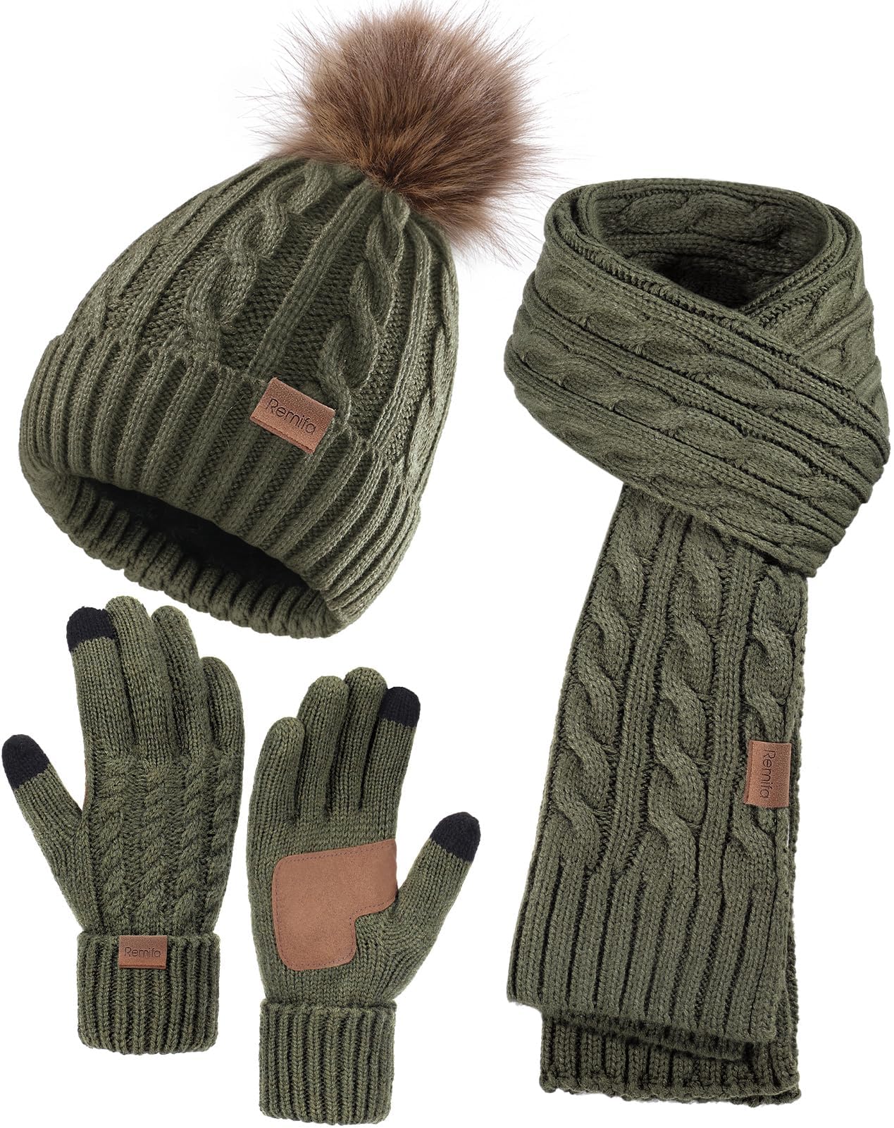 Women Beanie Hat Scarf Gloves Set, 3 PCS Winter Warm Pom Pom Beanie Hat Skull Cap Long Knit Neck Scarf & Touchscreen Gloves Set for Cold Weather, Christmas Holiday Gifts for Mom Wife Friend Sister Her