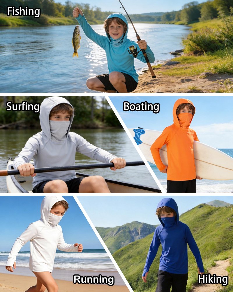 DRONIRING Boys Hooded Fishing Shirt with Mask, Kids UPF 50+ Long Sleeve Rash Guard Hoodie, Sun Protection Beach Swim Shirts Orange