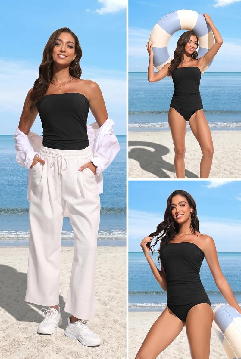 Bandeau Swimsuits for Women - Ruched Tummy Control Two Piece Tankini Set | Stylish Strapless Swimwear