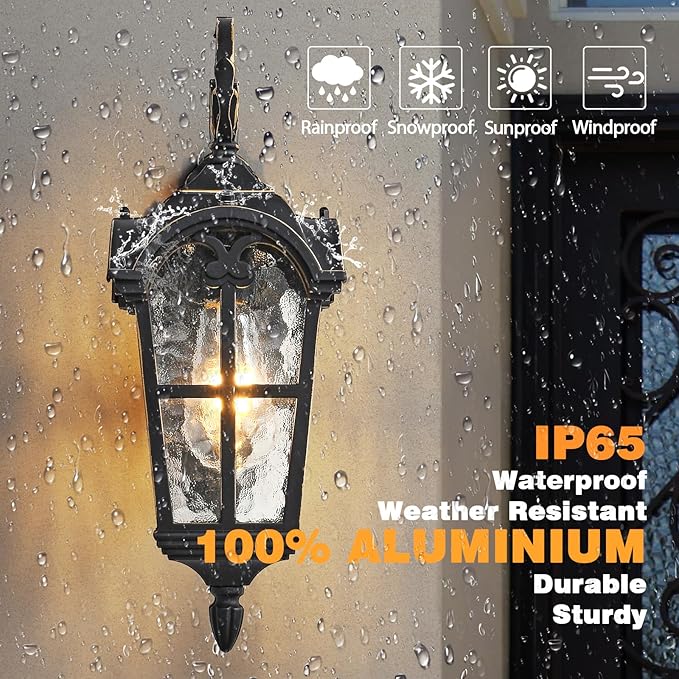 Dusk to Dawn Outdoor Wall Lights 17.1" H Exterior Lighting Fixtures Black Porch Light Waterproof Roman Wall Lantern with Water Ripple Glass for House Garage Patio