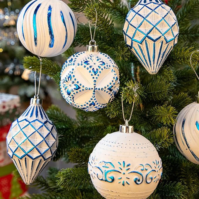 16PCS Shatterproof Christmas Ball Ornaments Set, Hand-Painted Holiday Decor with Assorted Sizes & Designs for Christmas Tree Thanksgiving Party Decoration, Blue-White
