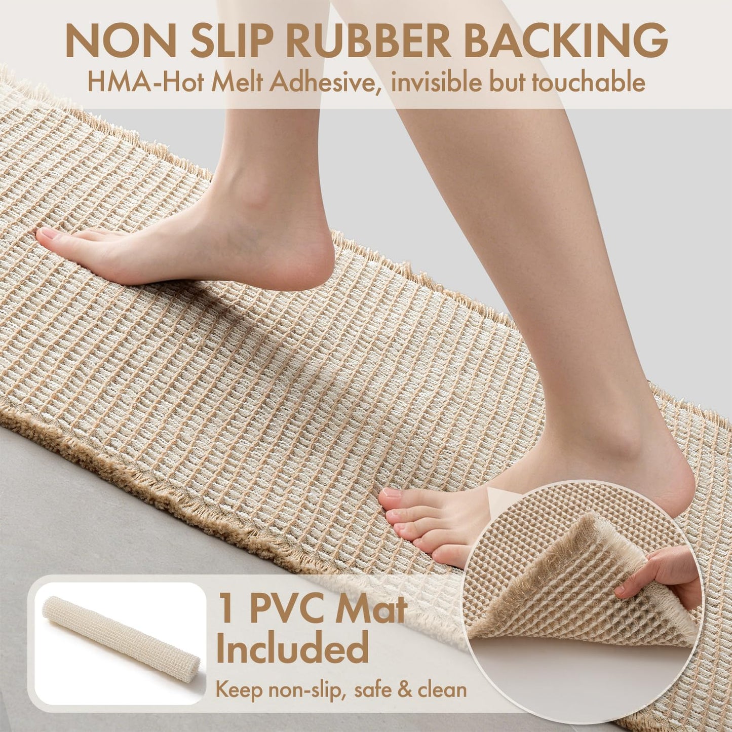 MIULEE Waffle Bathroom Runner Rugs, Super Absorbent Non Slip Bath Rug, Soft Quick Dry Washable Boho Large Beige Bath Mat with Tassels for Hallway Laundry Room Bedroom, 2'x6' (24"x72"), Brown & White