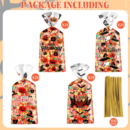 100 Pcs Halloween Treat Bags - Happy Halloweens Goodie Bag, Plastic Halloween Pumpkin Cellophane Bag Bulk, Clear Gift Goody Candy Bags with Twist Ties for Halloweens Party Supplies Favors Decorations
