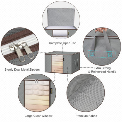 BALEINE 6 Pack Clothes Storage Bags, 24 Gallon Storage Containers with Reinforced Handle, Sturdy Zipper, Closet Organizer for Blanket, Comforter, Pillow, Bedding (Grey, 6 Pack)