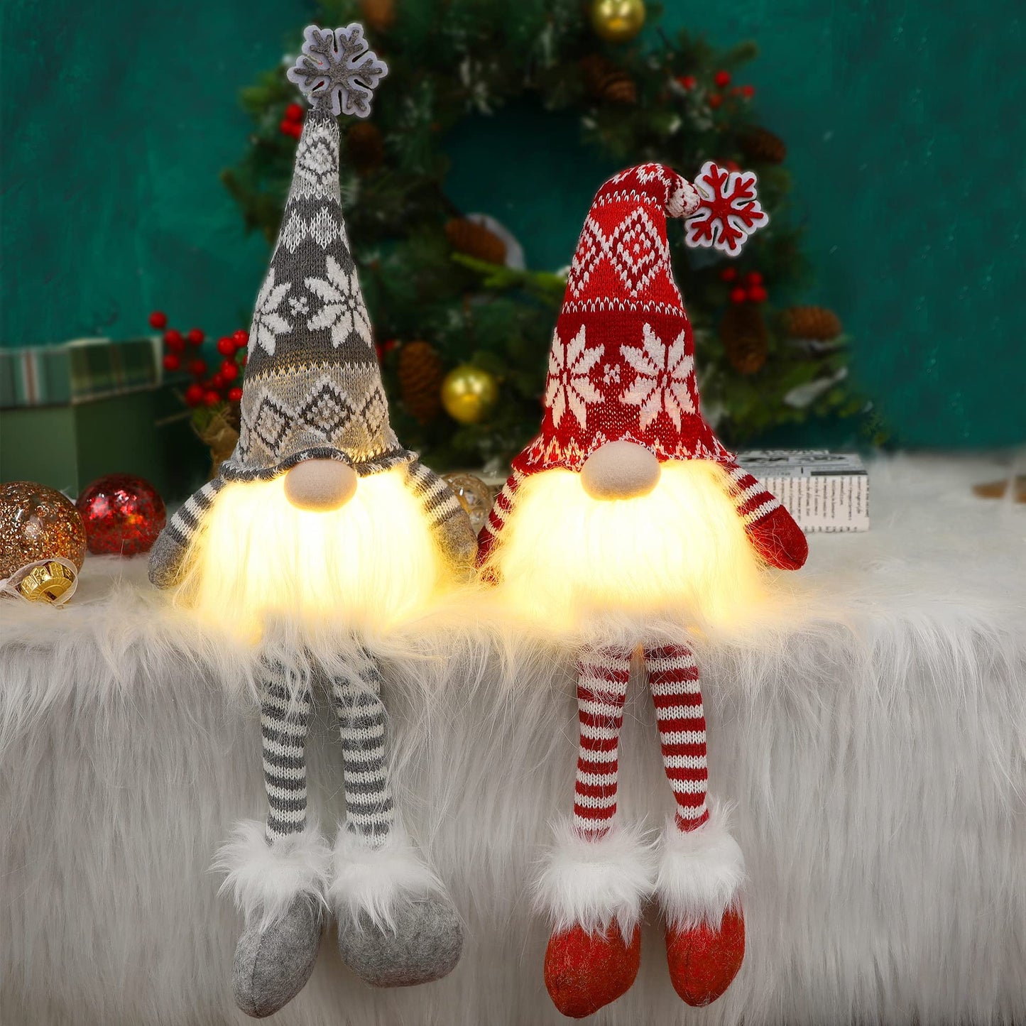 Juegoal 2 Pack Lighted Christmas Gnomes with Dangling Legs, 19.5Inch Handmade Scandinavian Swedish Tomte, Battery Operated Winter Tabletop Christmas Decorations Collectible Figurines