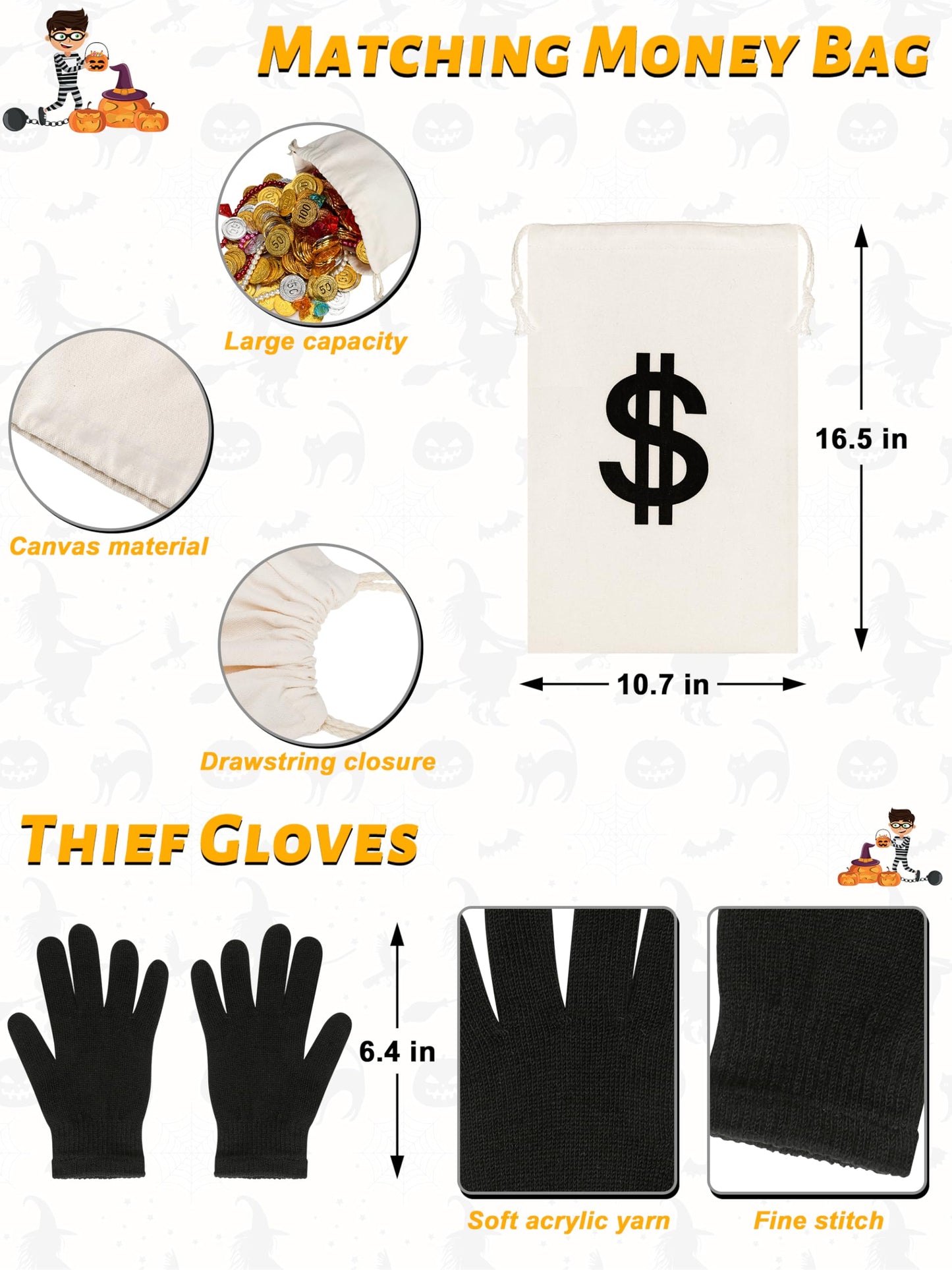 QZYL Robber Costume Set, M Unisex Thief Cosplay T Shirt Beanie Cap Gloves Eye Masks Money Bags for Halloween