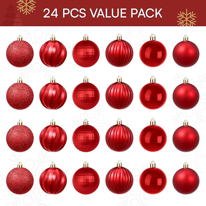 Joiedomi 24 Pcs Red Christmas Balls Ornaments Set, 2.36" Christmas Tree Ornaments Shatterproof, Xmas Balls Hanging Decorations for Tree Wreath Garland Holiday Wedding Indoor Party Decor