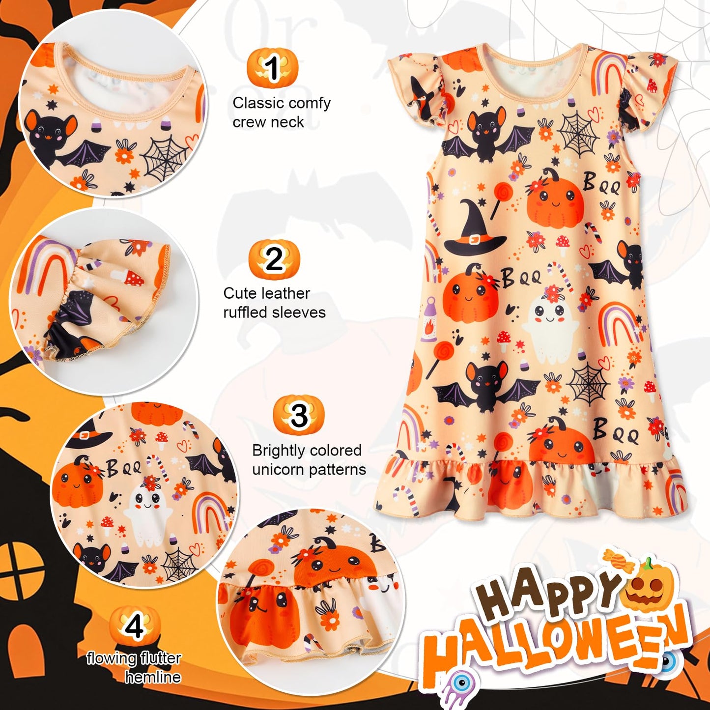 WonderBabe Girls Halloween Nightgown Casual Dress Sleepwear Pajamas Flutter Short Nightgowns for Little Girls Size 5-6 Yellow