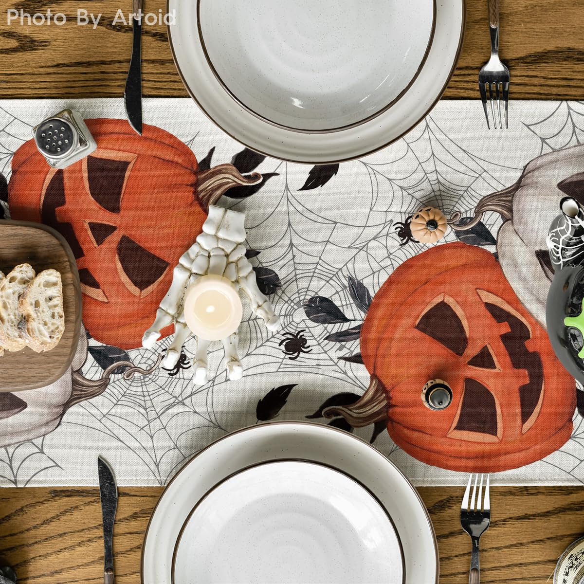 Artoid Mode Pumpkins Spider Web Halloween Table Runner, Seasonal Fall Kitchen Dining Table Decoration for Home Party Decor 13x72 Inch