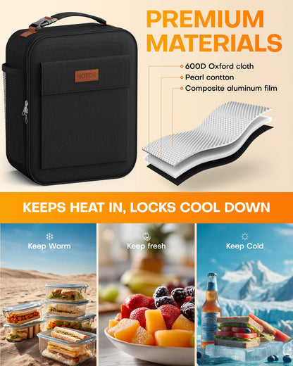 HOTOR Lunch Bag for Men & Women - Large Capacity Insulated Lunch Bag with Mutiple Pockets, Easy-Carrying & Wear-Resistant Cooler Lunch Box for Office, Picnic, Black, 9.06" x 4.33" x 10.63"